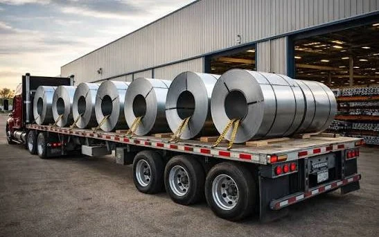 Steel coils loaded on a flatbed trailer outside an industrial facility