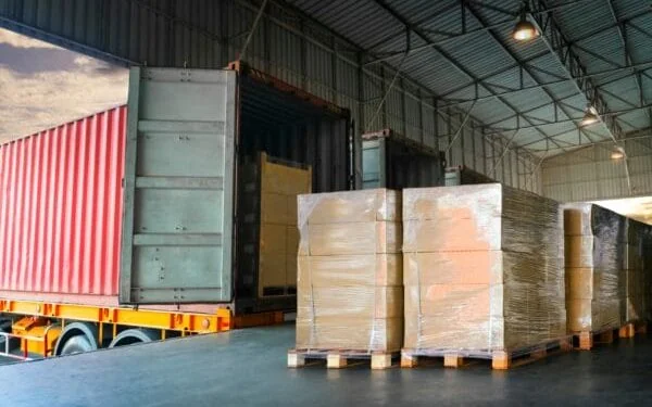 Palletized freight at a warehouse loading dock